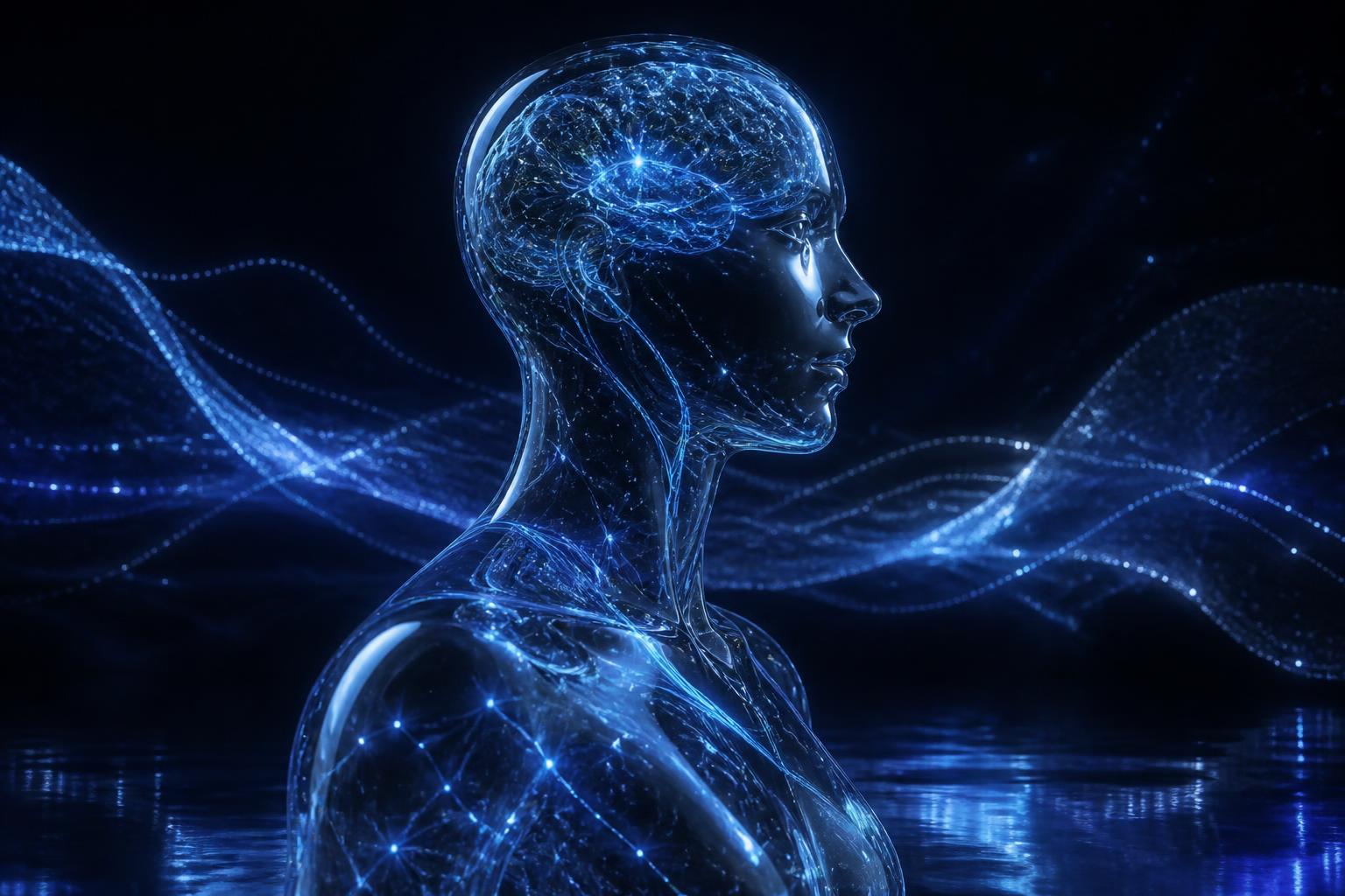 Futuristic translucent figure of neural data representing AI self-reflection